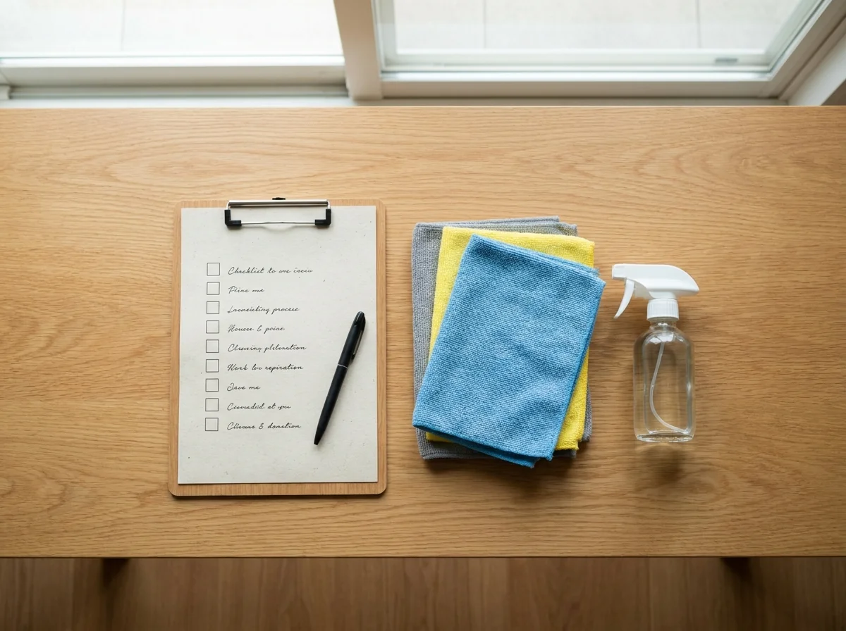 Cleaning checklist and supplies flatlay